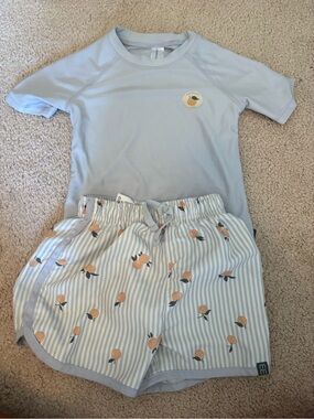 Kids Light Blue Rash Guard & Peach Print Swim Trunks Set